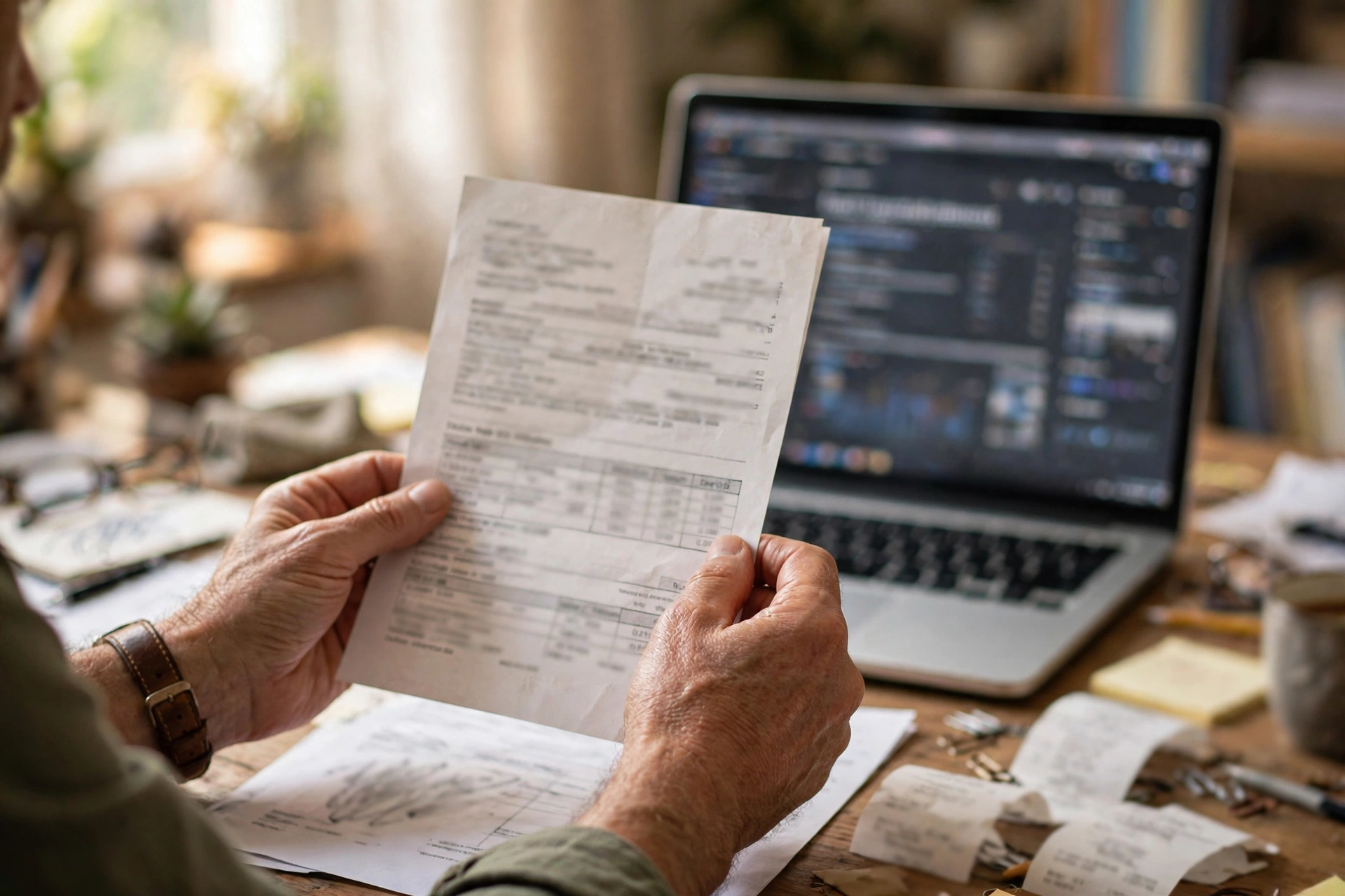 Hands holding a French invoice in front of a laptop