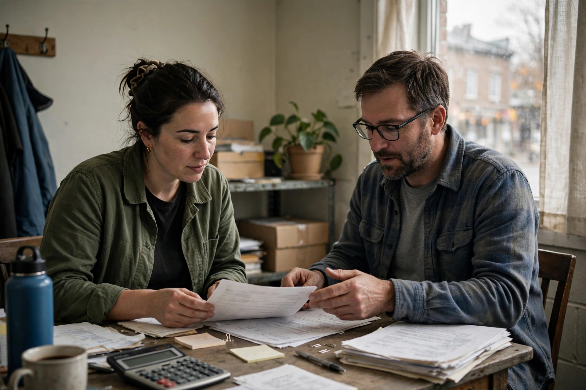 Two people reviewing payroll paperwork at a modest office table