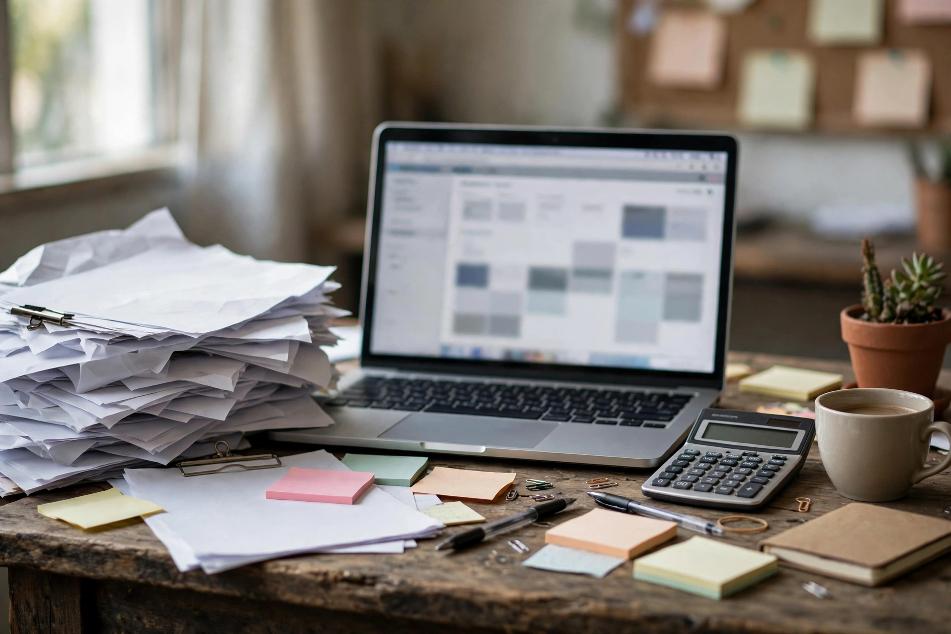 A cluttered small-business desk covered in invoices, sticky notes and receipts
